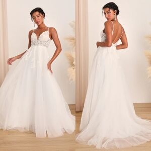 Lulus Fantasize About Forever White Tulle Lace A-Line Maxi Dress 4 Wedding Bride